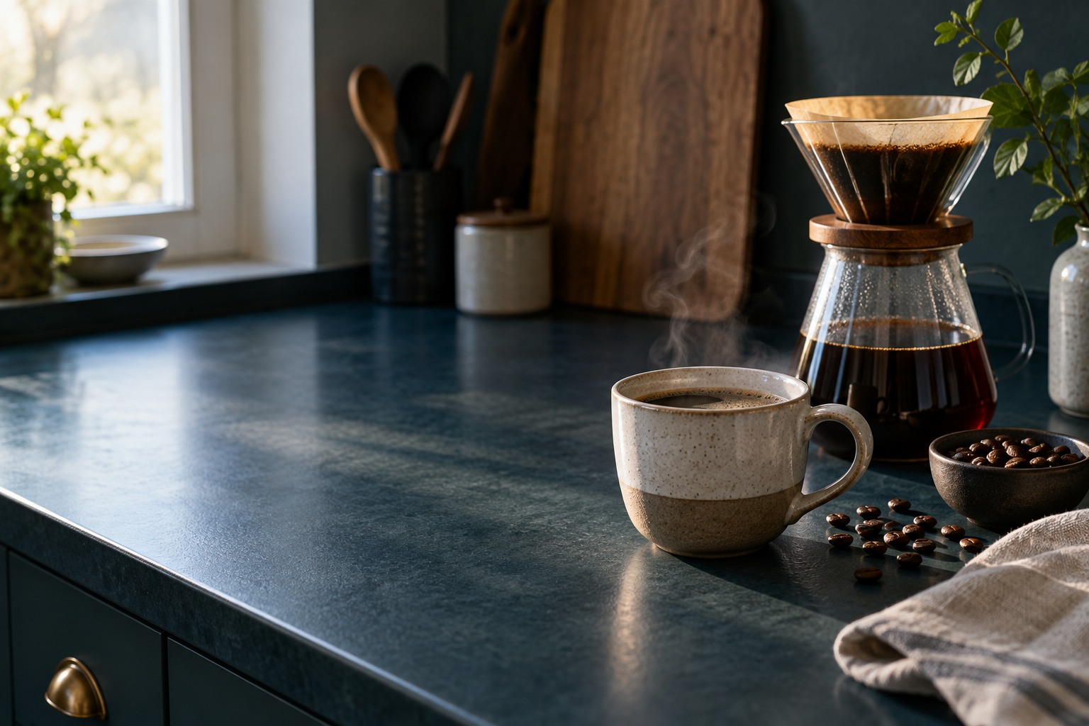 Handbryggt kaffe, kaffekopp och bönor i ett skandinaviskt kök